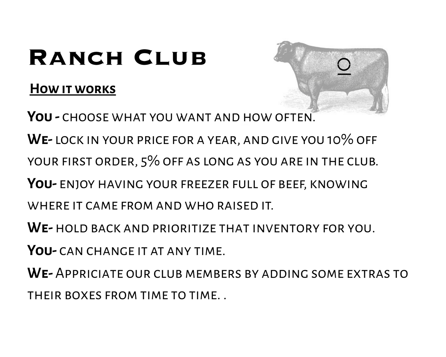 Ranch Club promotional text with a cow illustration on a white background